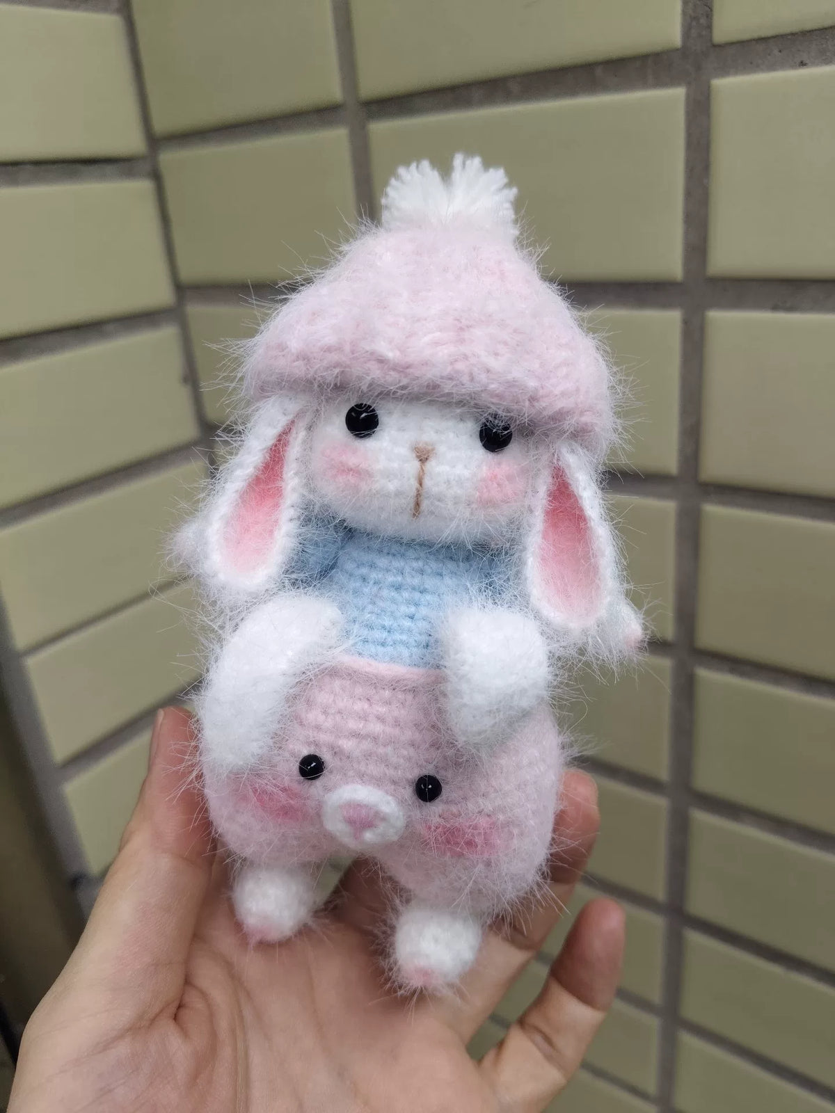 Handmade Crochet Rabbit Plush with Pig Figure