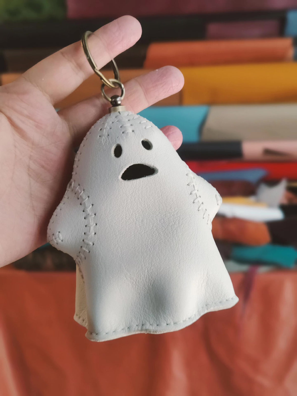 Genuine Leather Ghost Pendant Hand Stitched