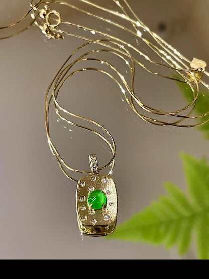 18k Gold Pendant with Oval Green Cabochon and 0.10ct Clear Stones