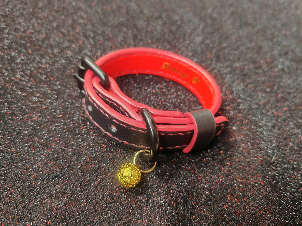 Handcrafted Black Red Leather Bracelet with Bell Charm