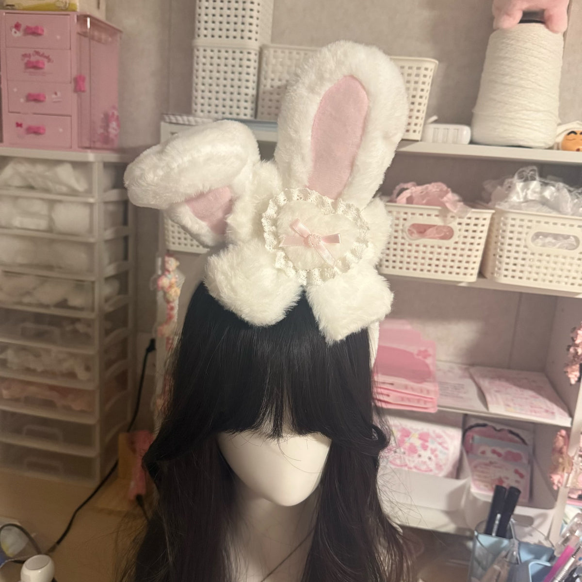 White Plush Bunny Ear Headband with Pink Bow