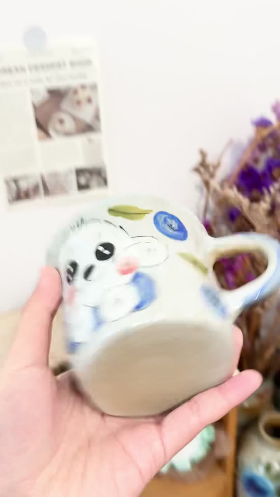 Handmade Ceramic Mug with Blueberry Dog Design