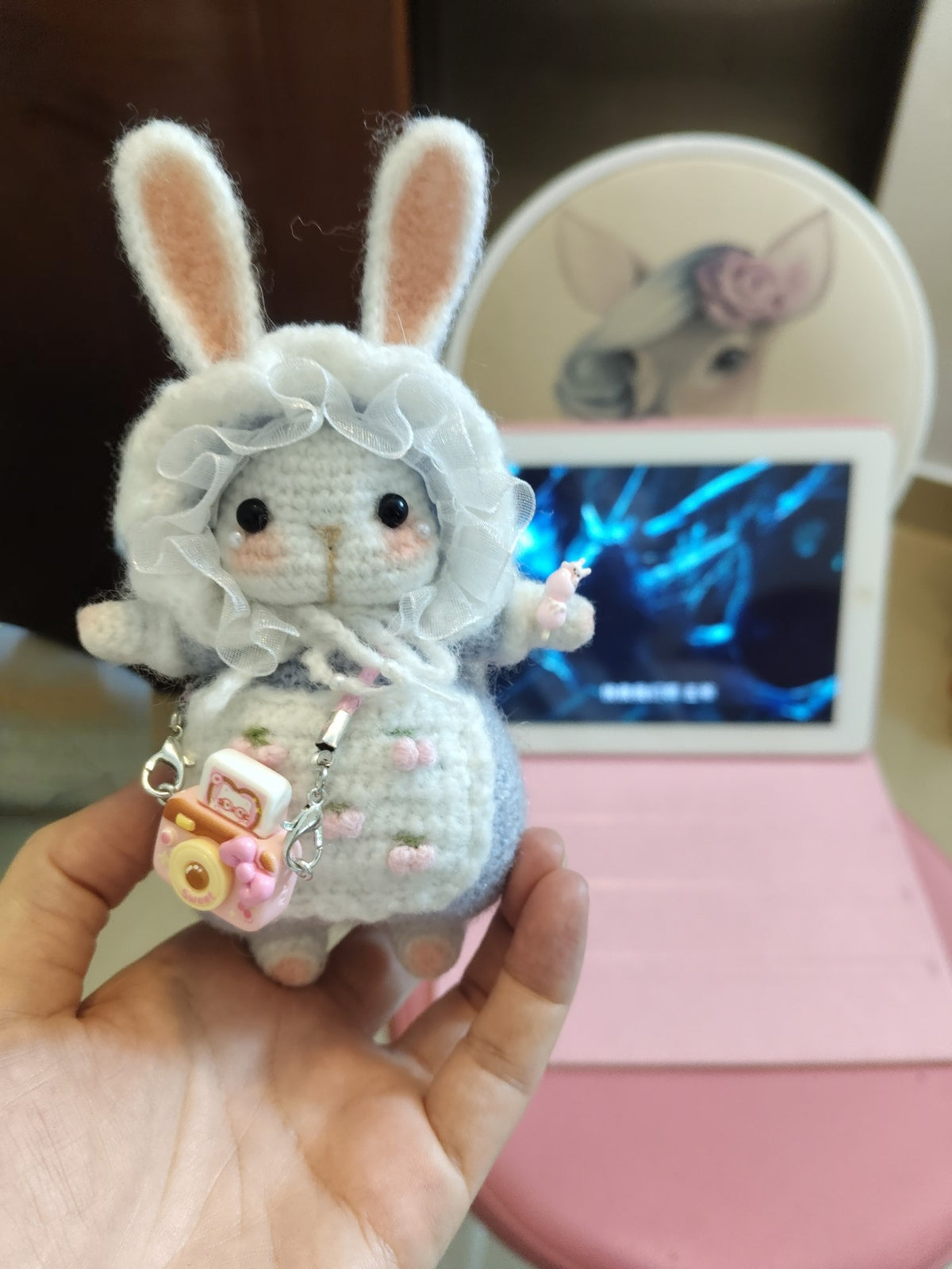 Handcrafted Crochet Rabbit Figurine with Camera Charm