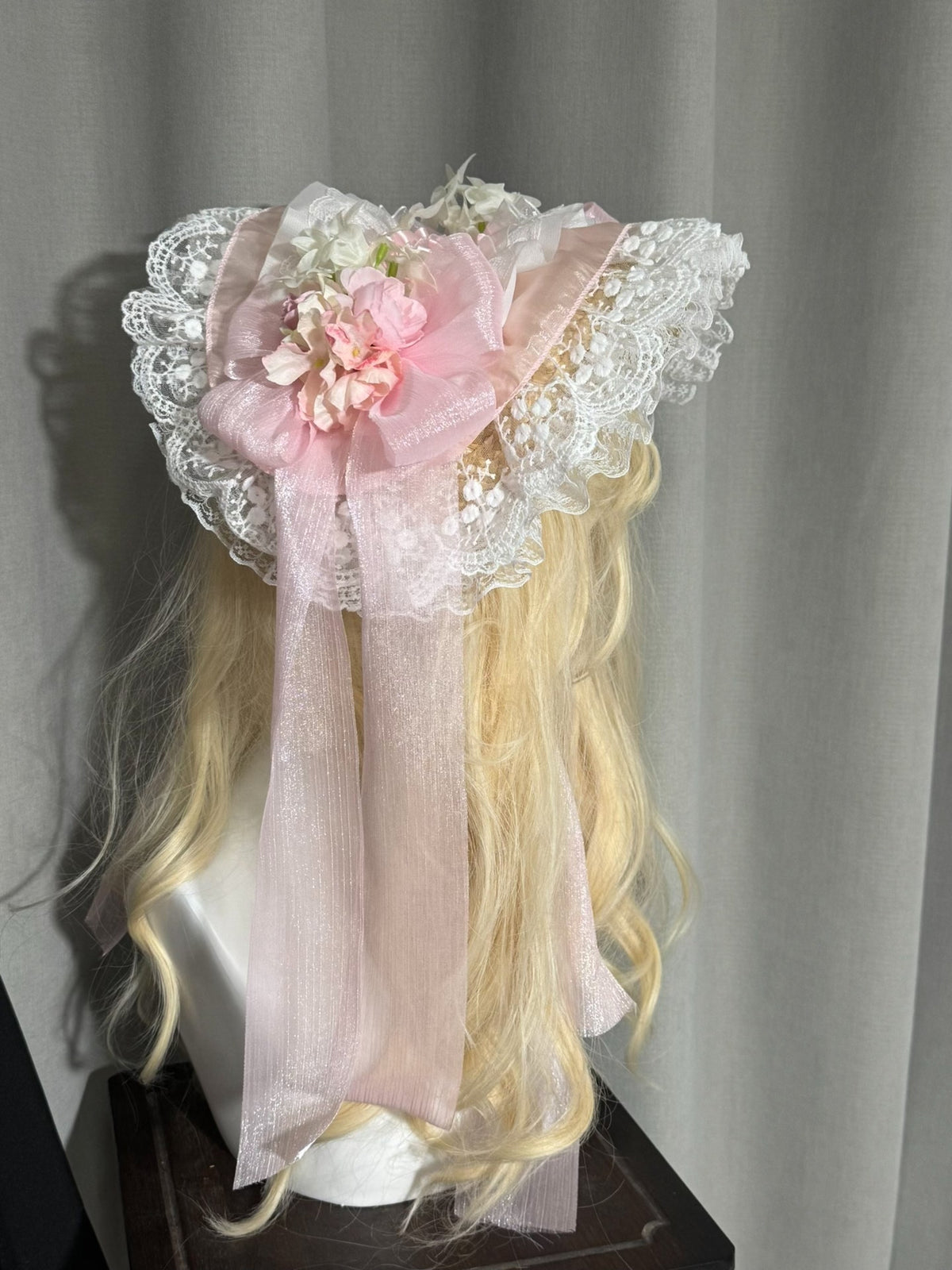 Handmade Straw Lolita Bonnet with Pink Roses