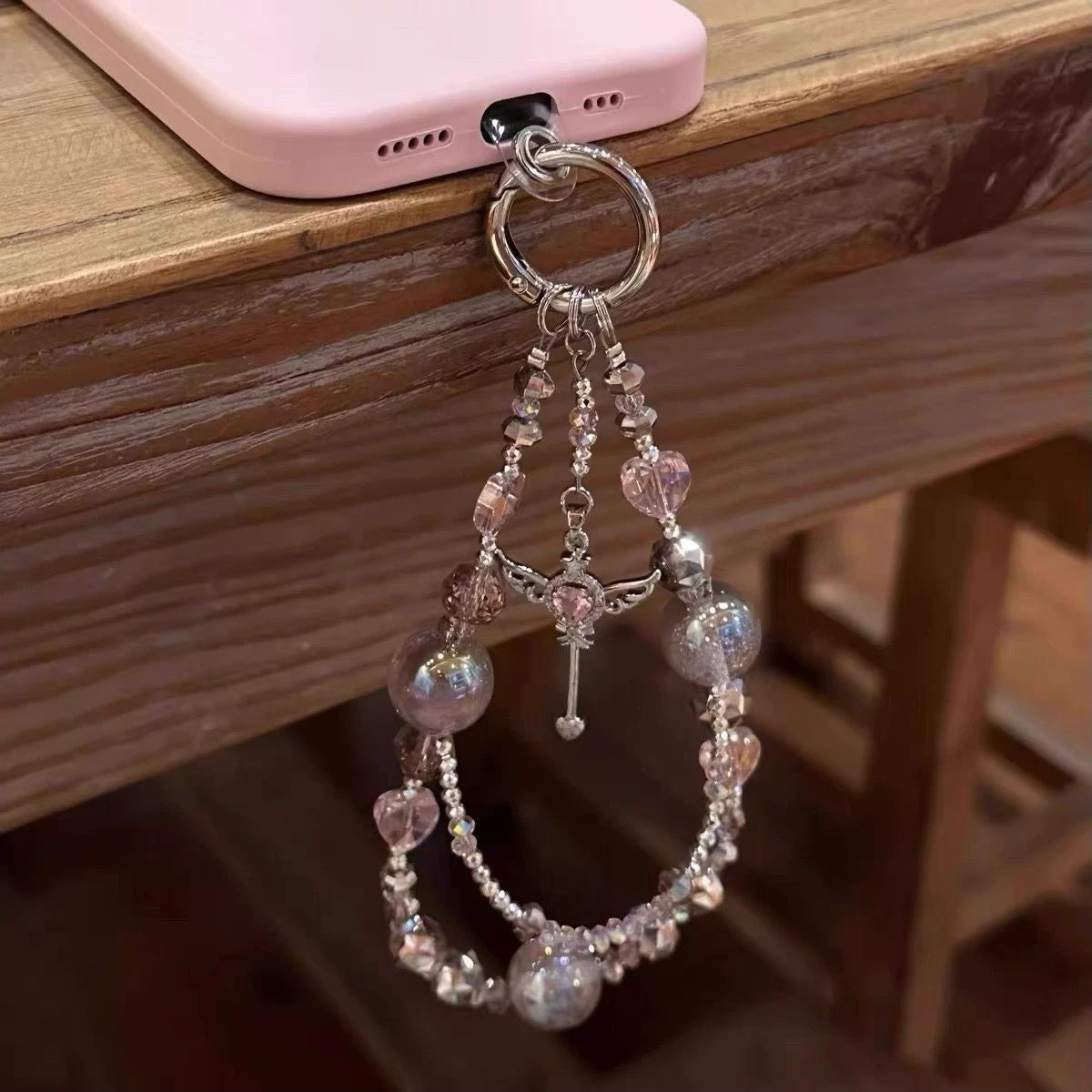 Beaded Phone Charm with Winged Heart