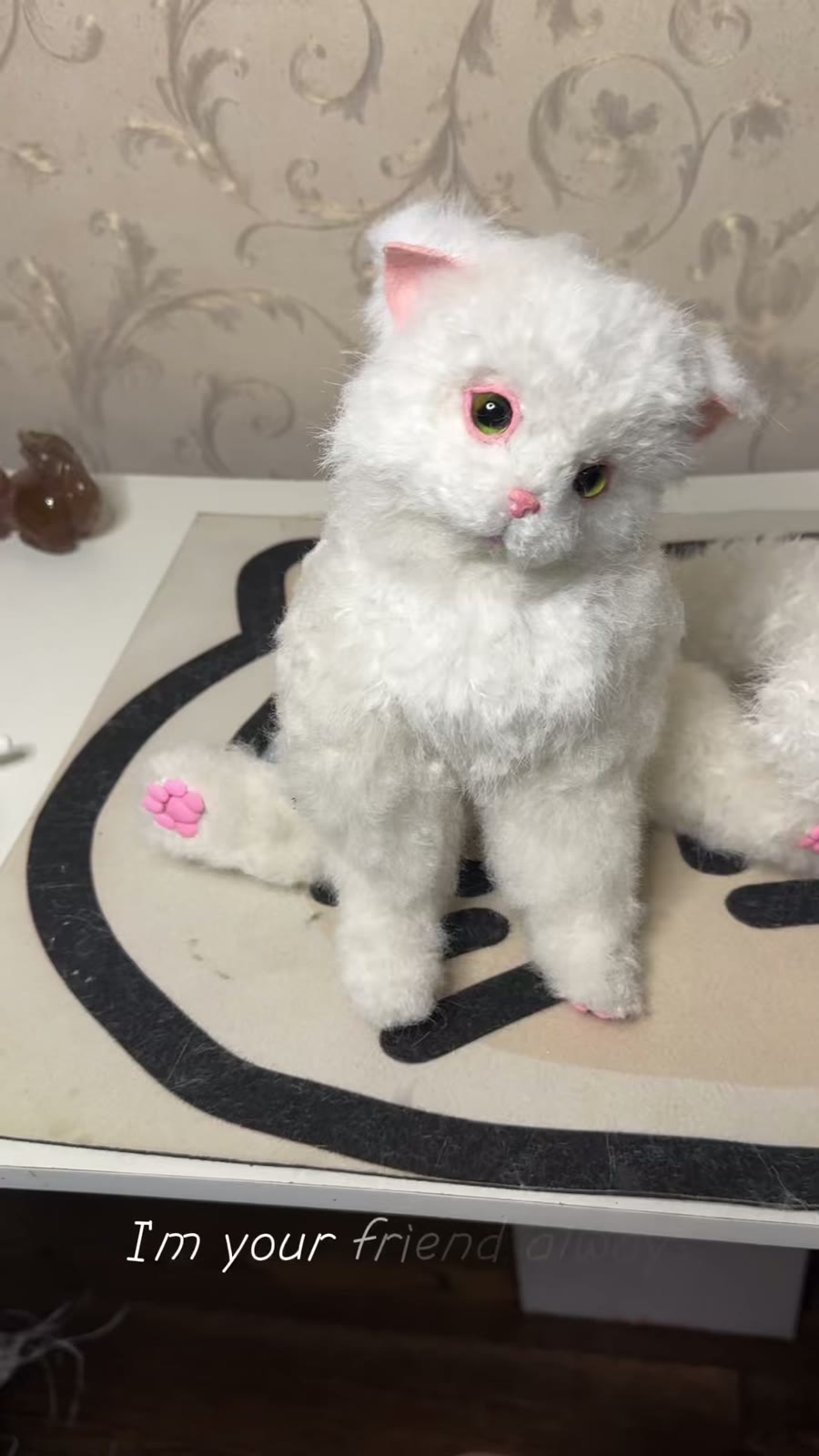 Poseable Curly Plush Cat Doll with Articulated Limbs