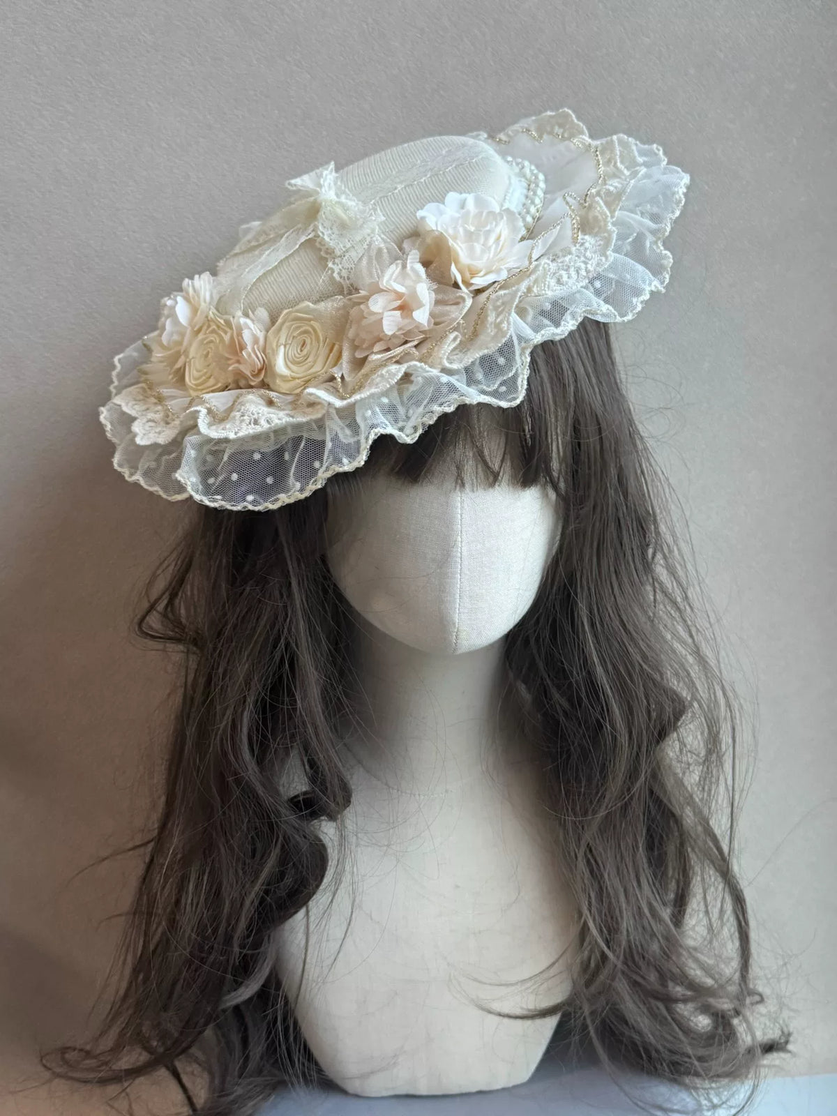 Champagne Lace Ribbon Rose Fascinator Hat