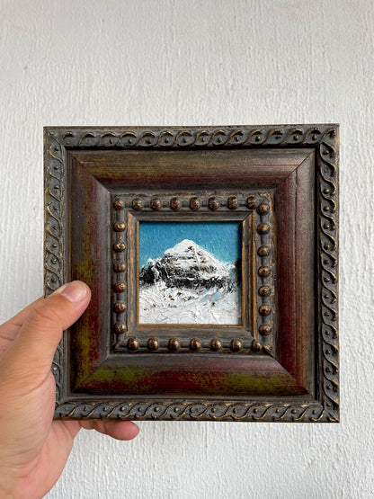 Impasto Oil Painting of Snow-Capped Mountain, 8x8cm, Vintage Wood Frame