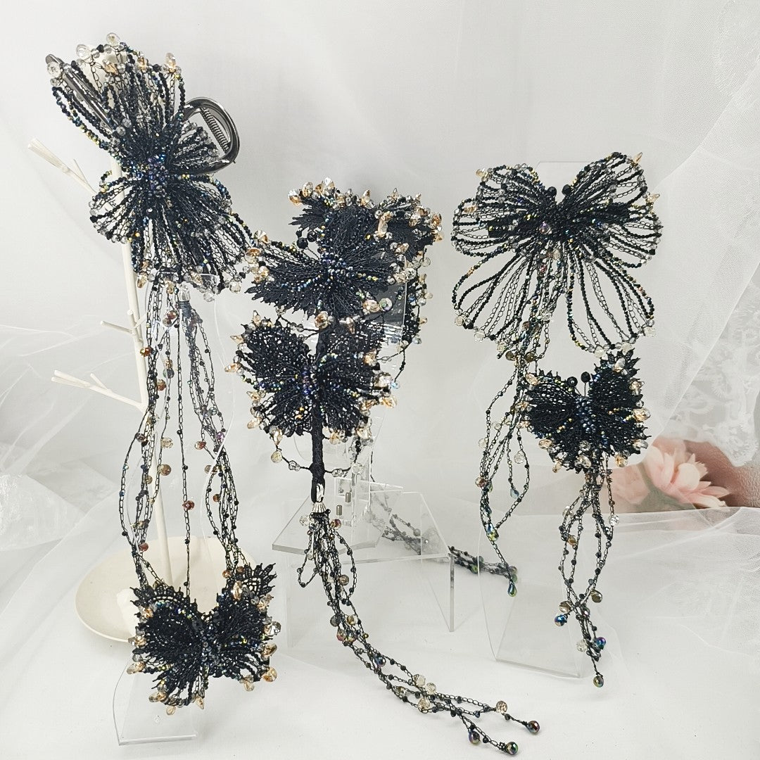 Black Butterfly Beaded Hair Accessories Set