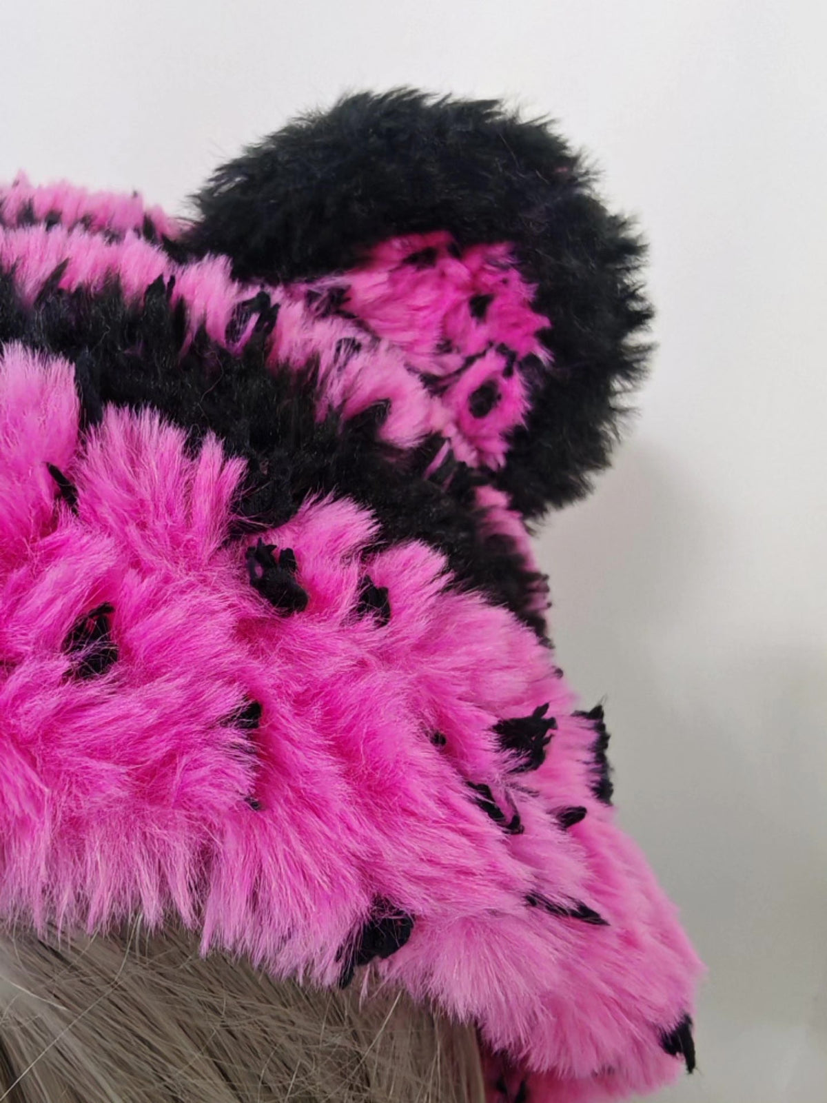 Pink Black Bear Ear Plush Winter Hat