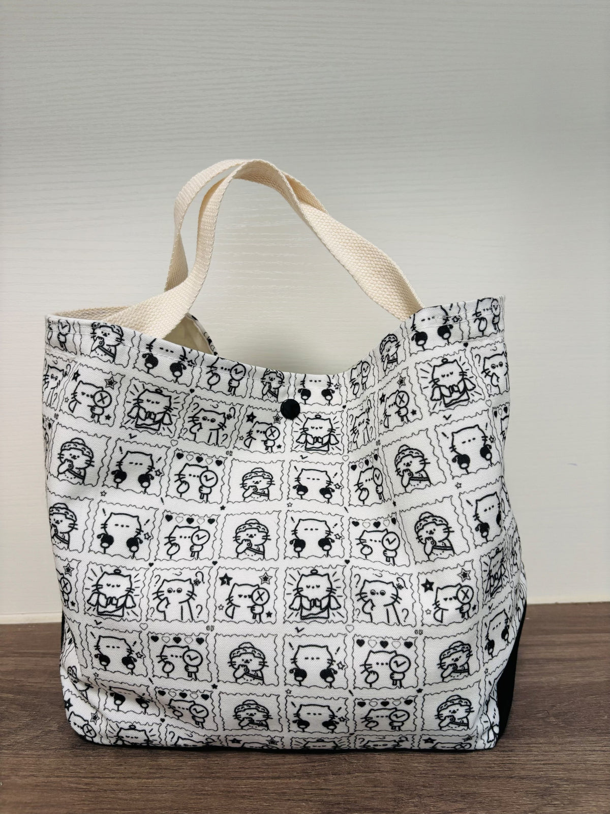 Black Cat Stamp Print Canvas Tote Bag Large Capacity
