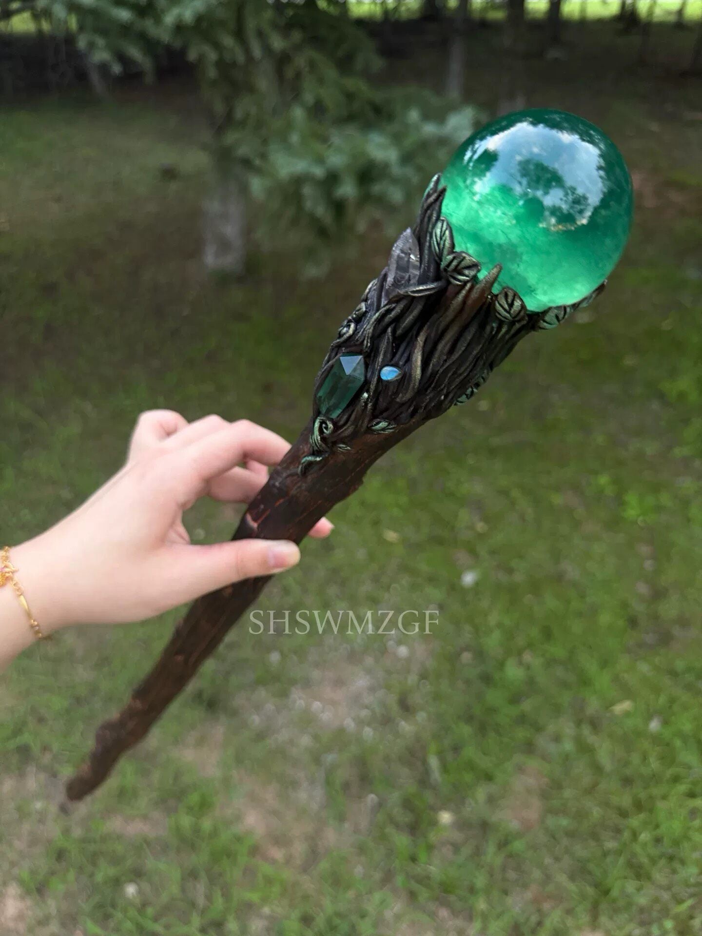 Blue-Green Fluorite Sphere Scepter with Wood Handle, 65cm
