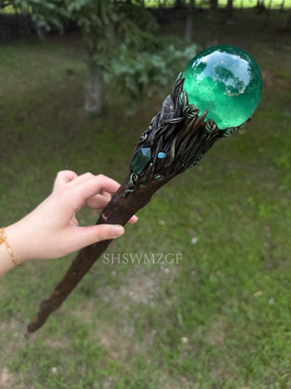Blue-Green Fluorite Sphere Scepter with Wood Handle, 65cm