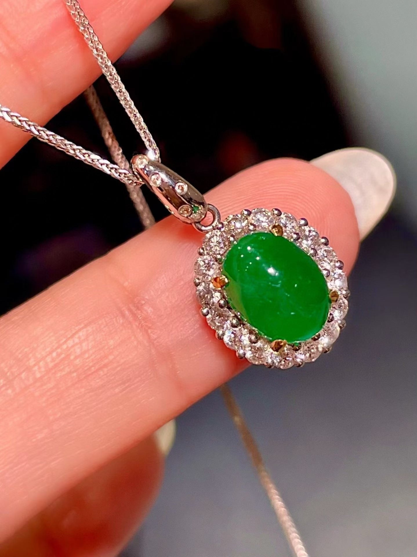 18K White Gold Oval Cabochon Emerald and Diamond Halo Pendant, 2.58ct