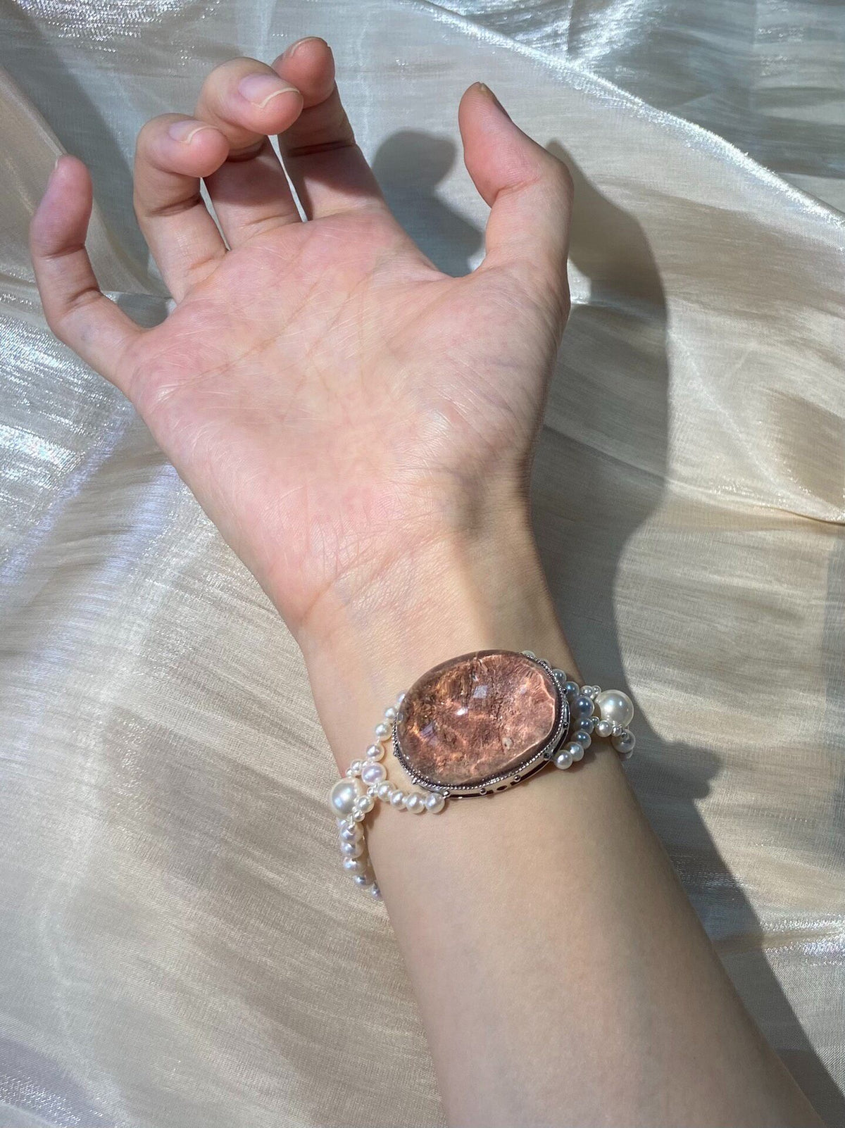 Peach Phantom Quartz Pearl Bracelet