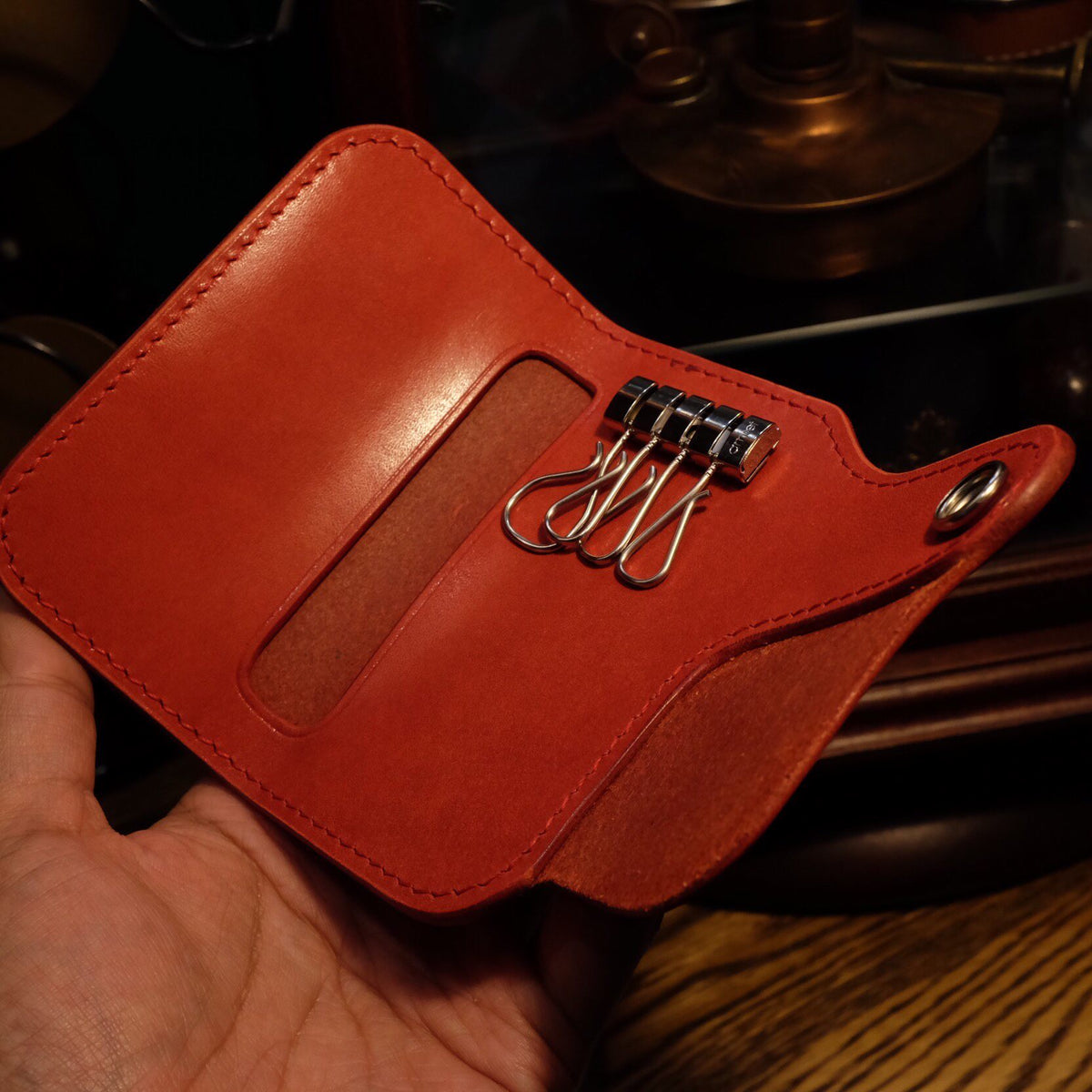 Red Leather Key Holder with Coin Button