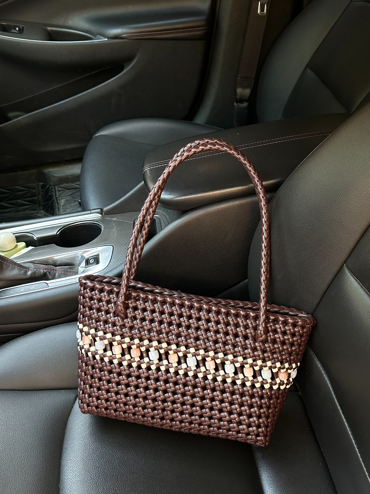 Saco Tote de Rattan Tecido à Mão Castanho-Café