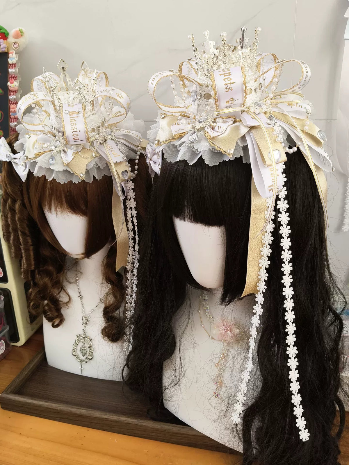 White Gold Crown Pearl Chain Lolita Hat