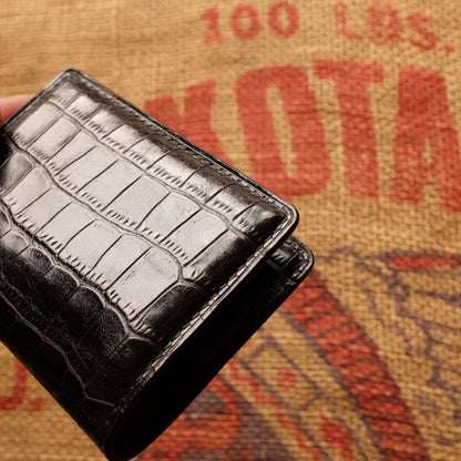 Black Leather Embossed Crocodile Bi-Fold Wallet