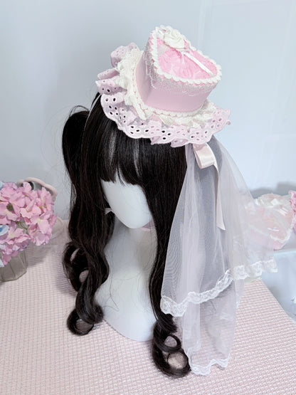 Pink Rose Heart Mini Top Hat with Veil Lolita Headpiece
