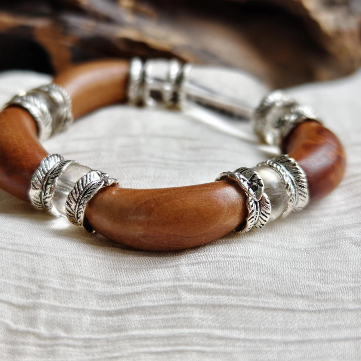 Peach Wood and Clear Crystal Bangle Bracelet