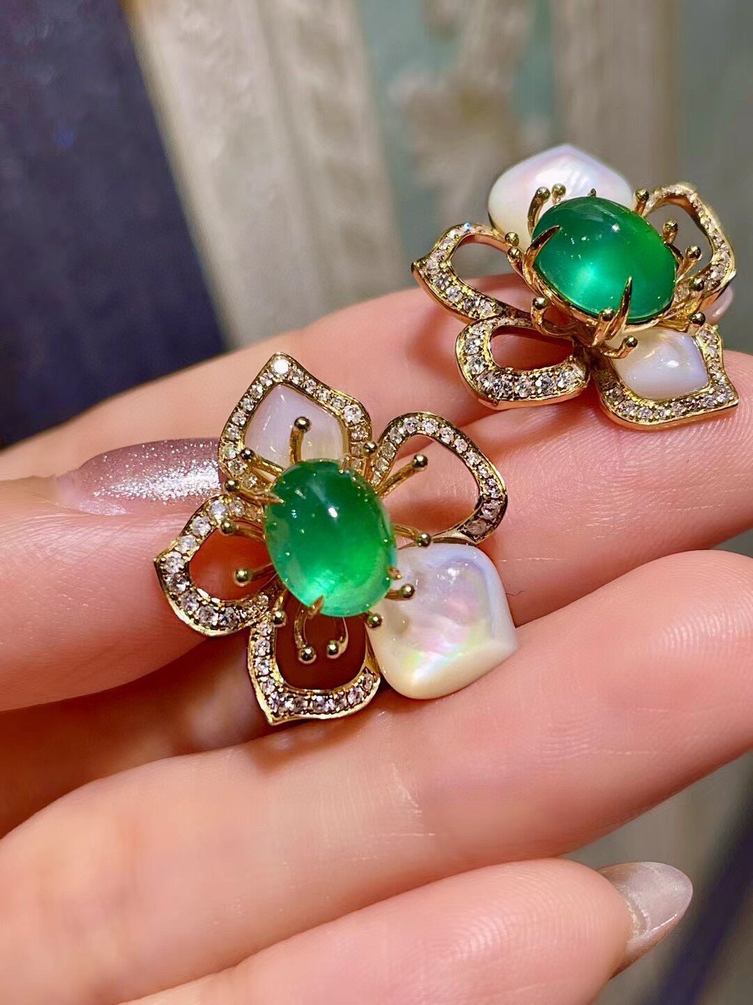 18K Gold Emerald and Diamond Floral Pearl Stud Earrings