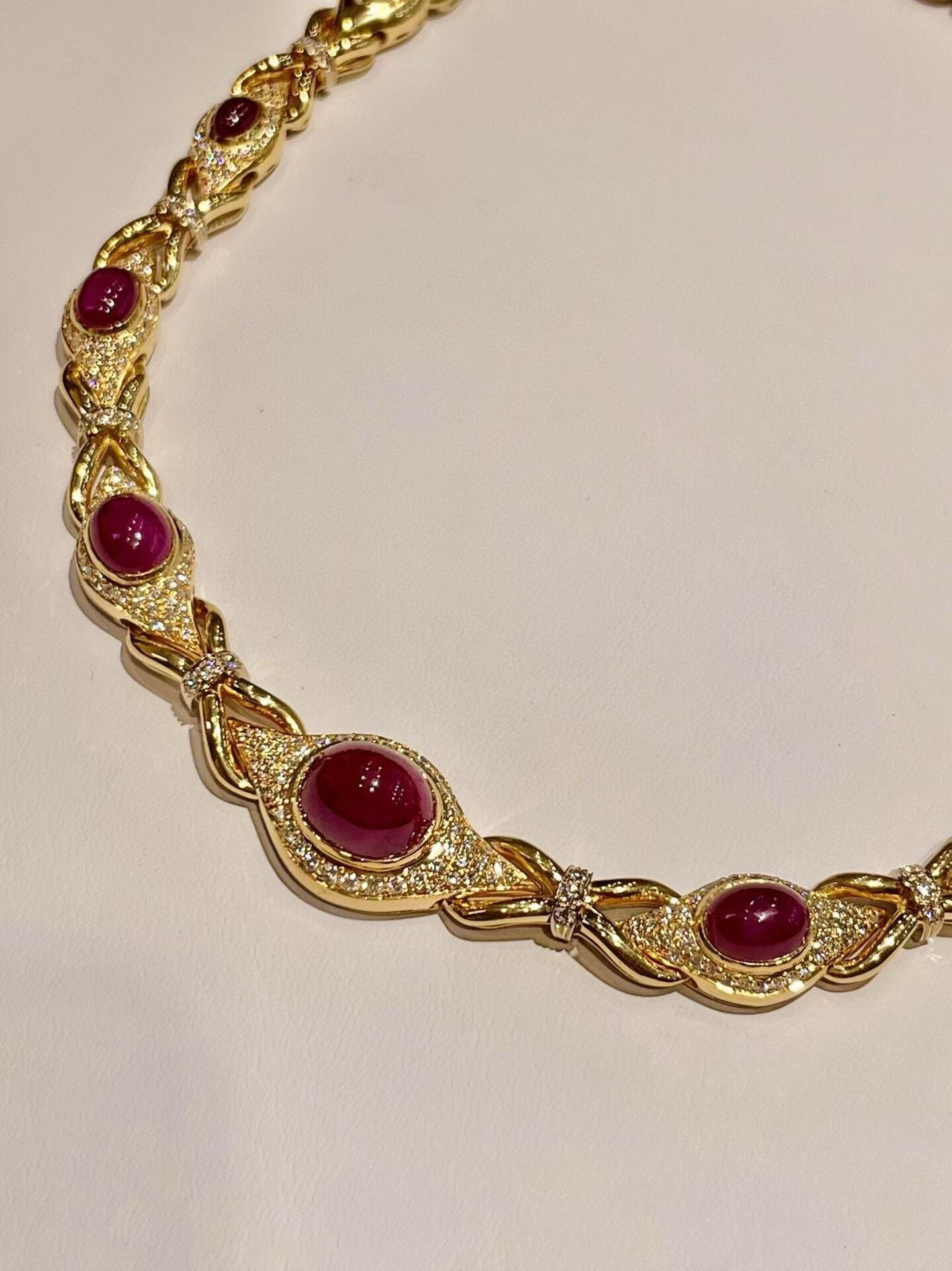 18K Gold Ruby and Diamond Cabochon Necklace, 42cm
