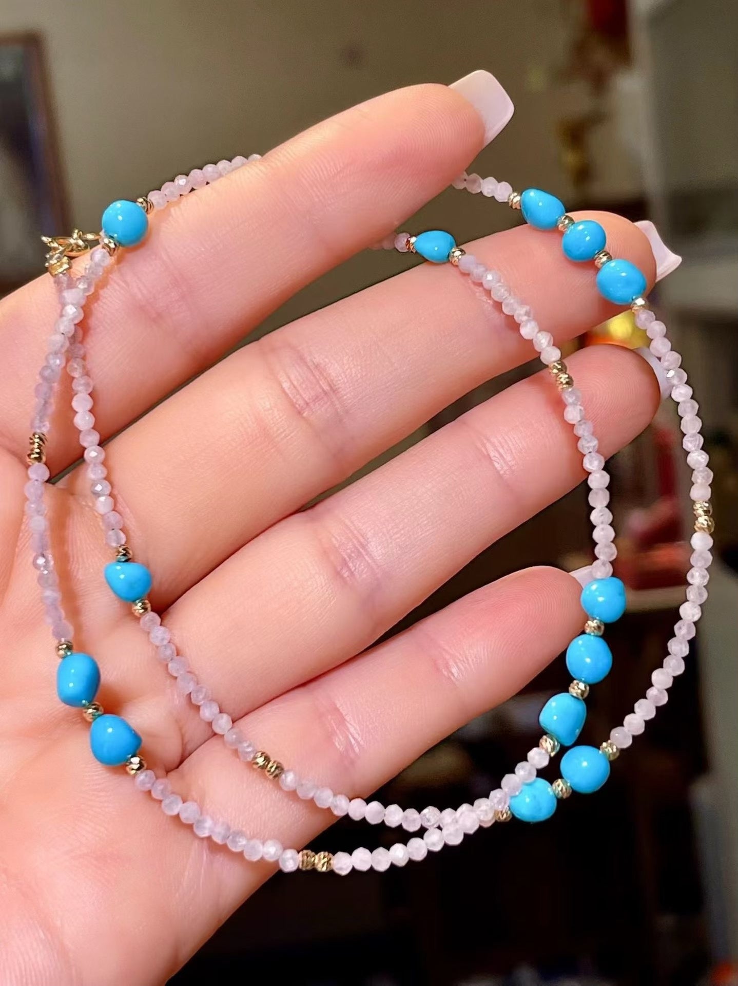 Turquoise and Rose Quartz Beaded Necklace with Gold Spacers