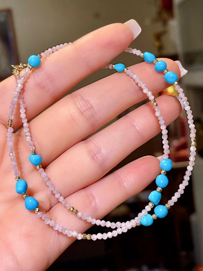 Turquoise and Rose Quartz Beaded Necklace with Gold Spacers
