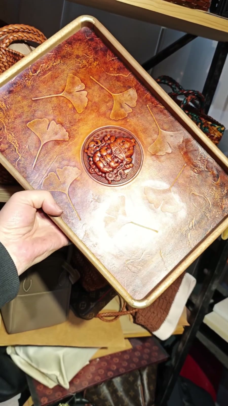 Cowhide Decorative Tray with Wealth God Relief