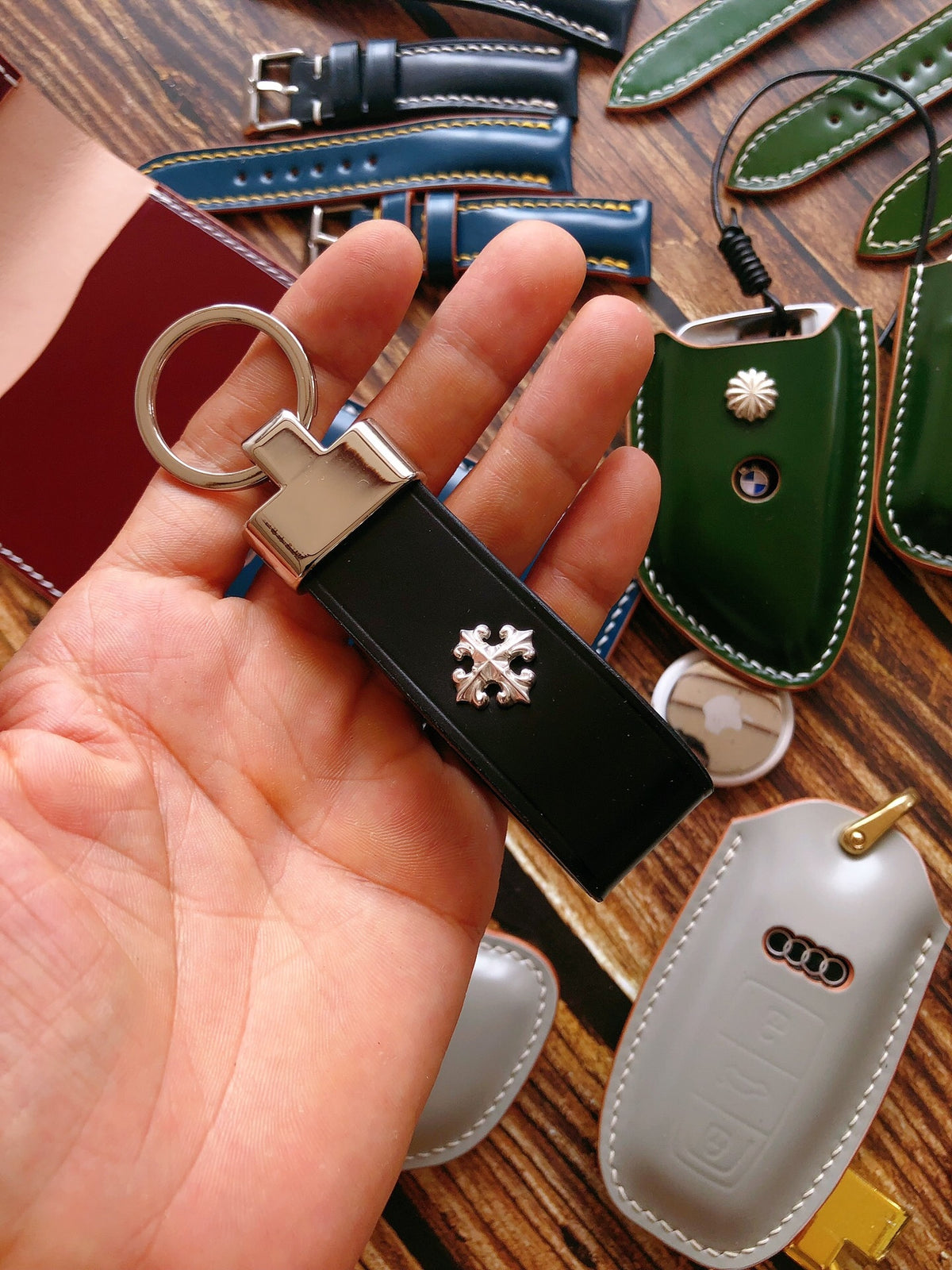 Black Leather Key Fob with Cross Stud