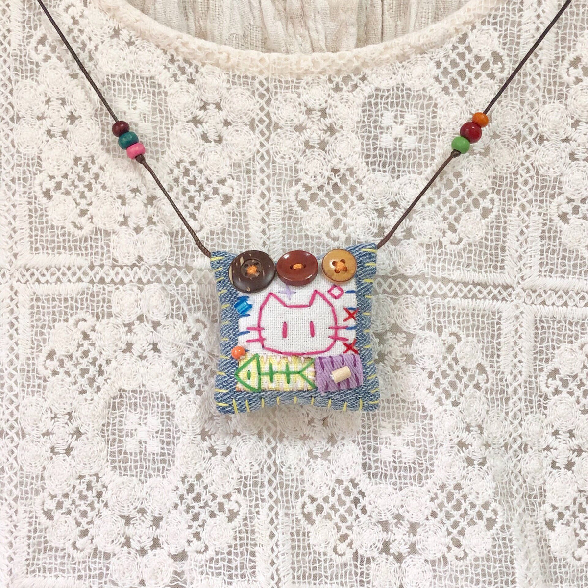 Handmade Cat and Fish Denim Necklace