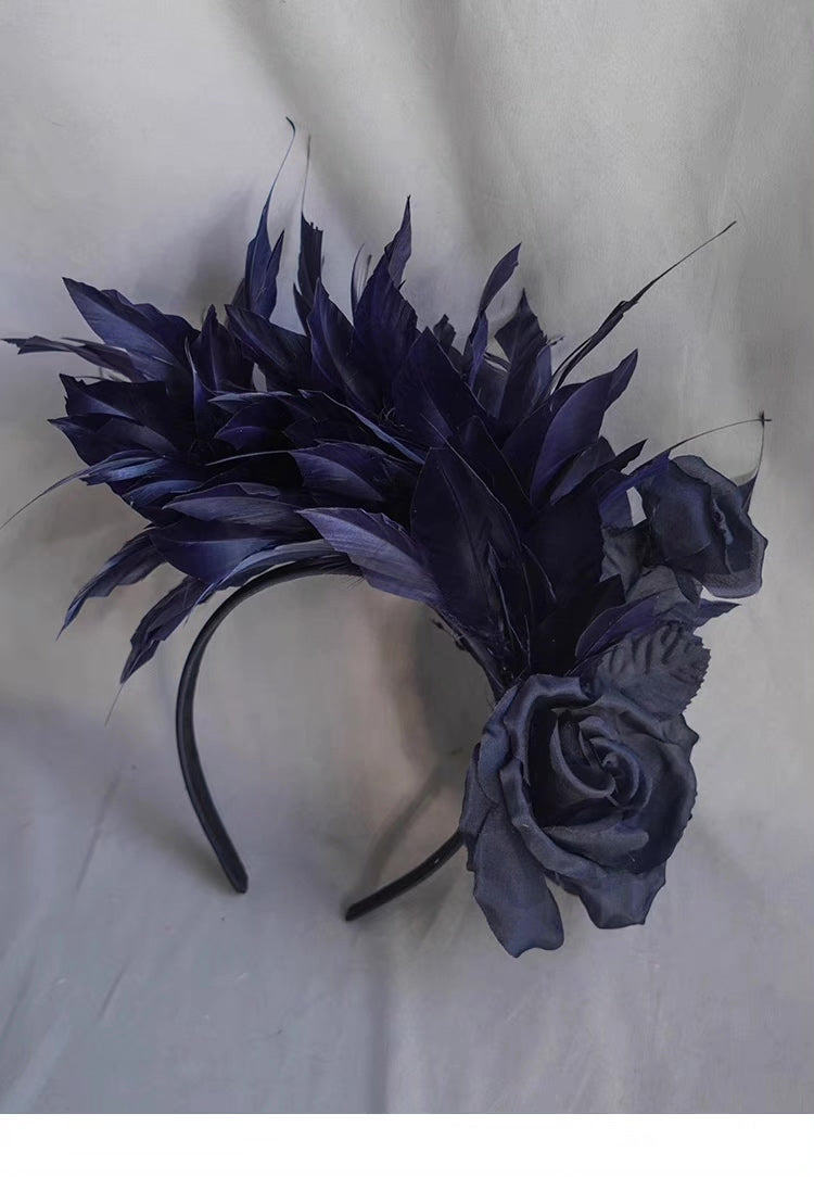 Navy Silk Feather Rose Headband