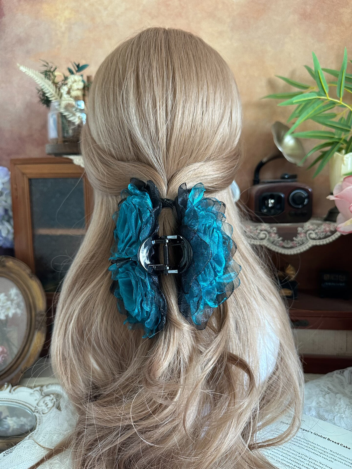 Handcrafted Peacock Blue Fabric Rose Hair Clip