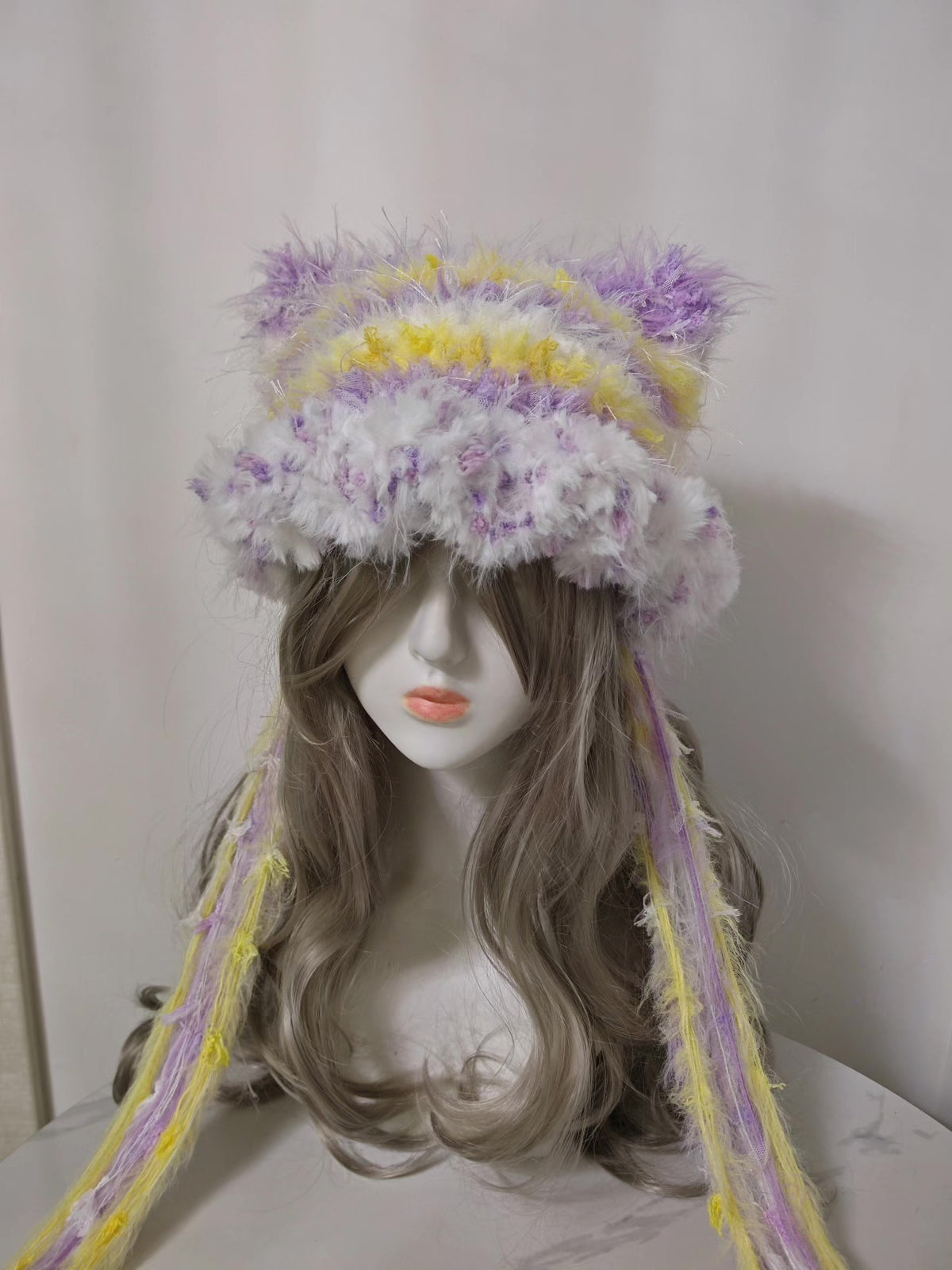 Handcrafted Cat Ear Hat Yellow Purple White
