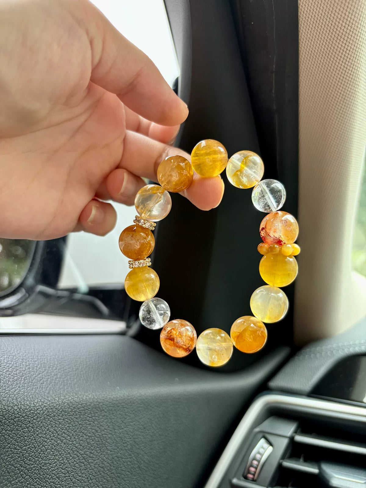 Bracelet perles en fluorite jaune et quartz 12 mm