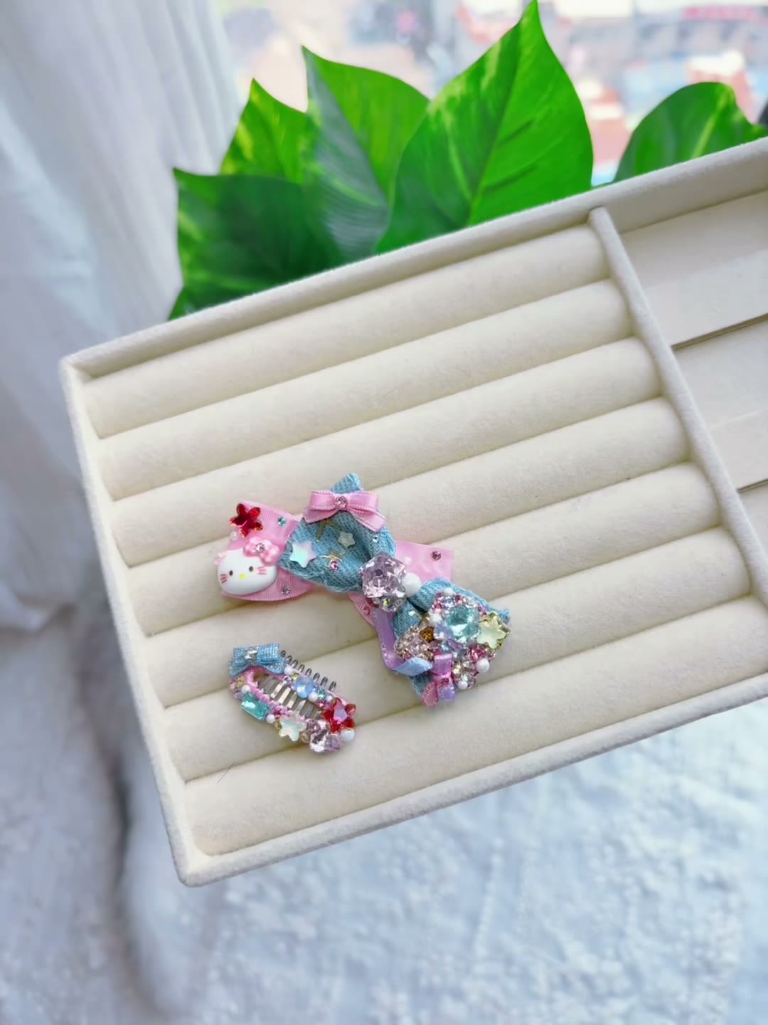 Denim Pet Hair Clips Rhinestone Set