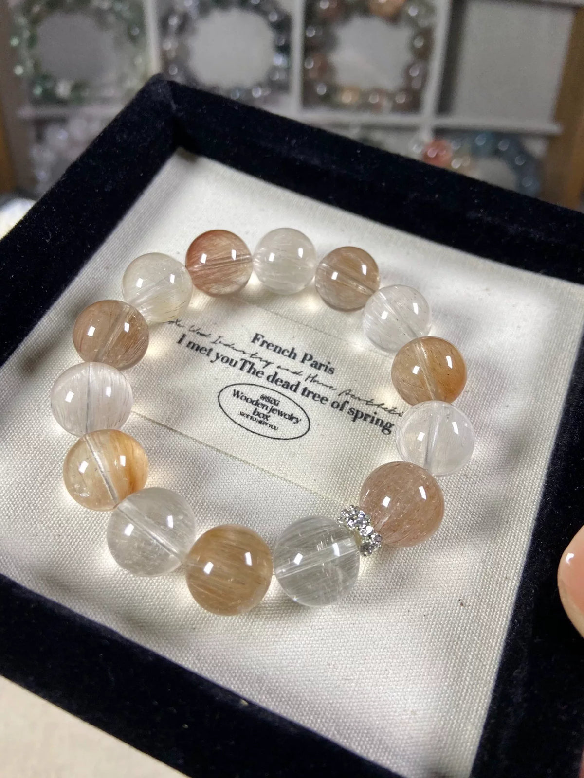 Pulseira de Contas de Quartzo Rutilado Natural 13mm