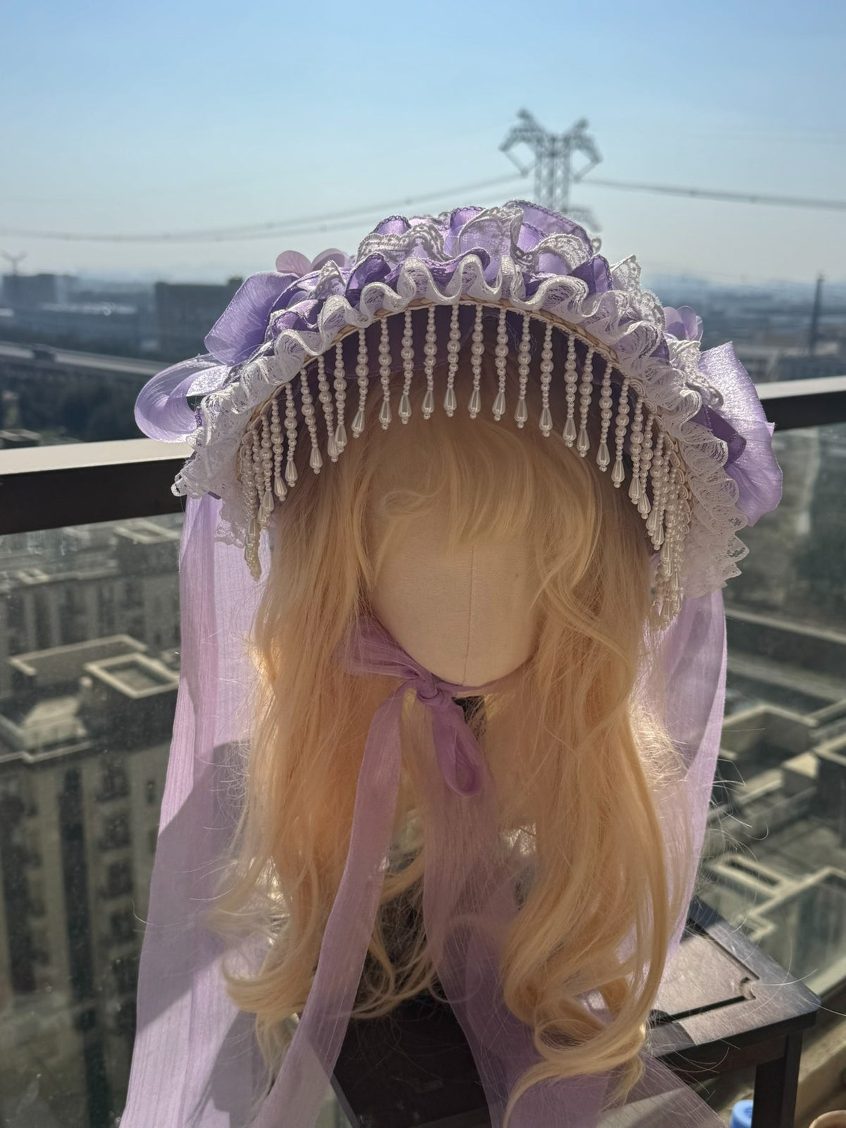 Handmade Lolita Bonnet Purple Lace Flowers
