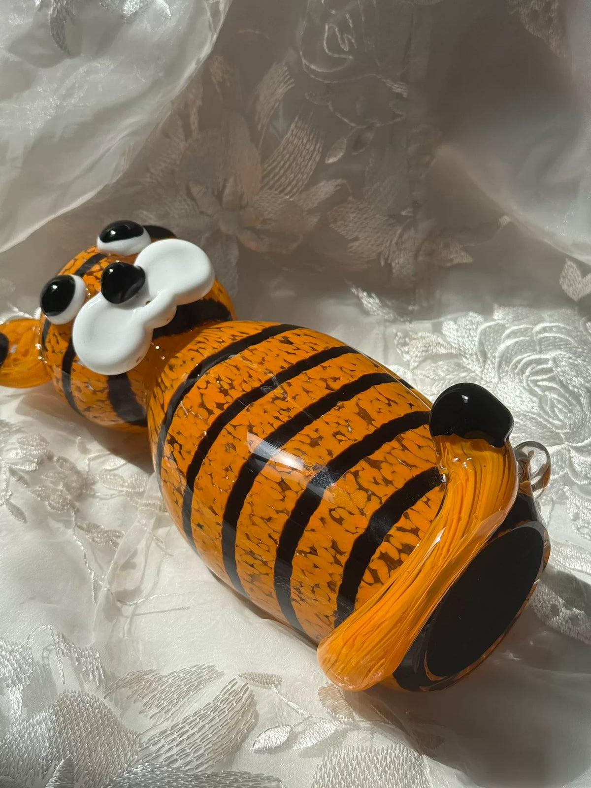 Crackled Orange Liuli Glass Tiger Figurine