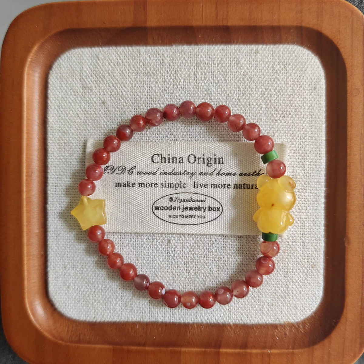Honey Amber Bear Red Agate Bracelet