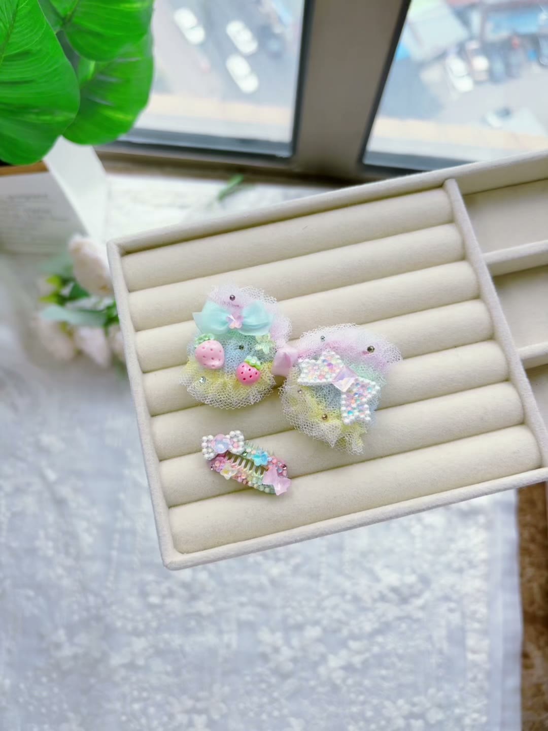 Handgakte Set Haarclips Dieren Pastel Regenboog Tule