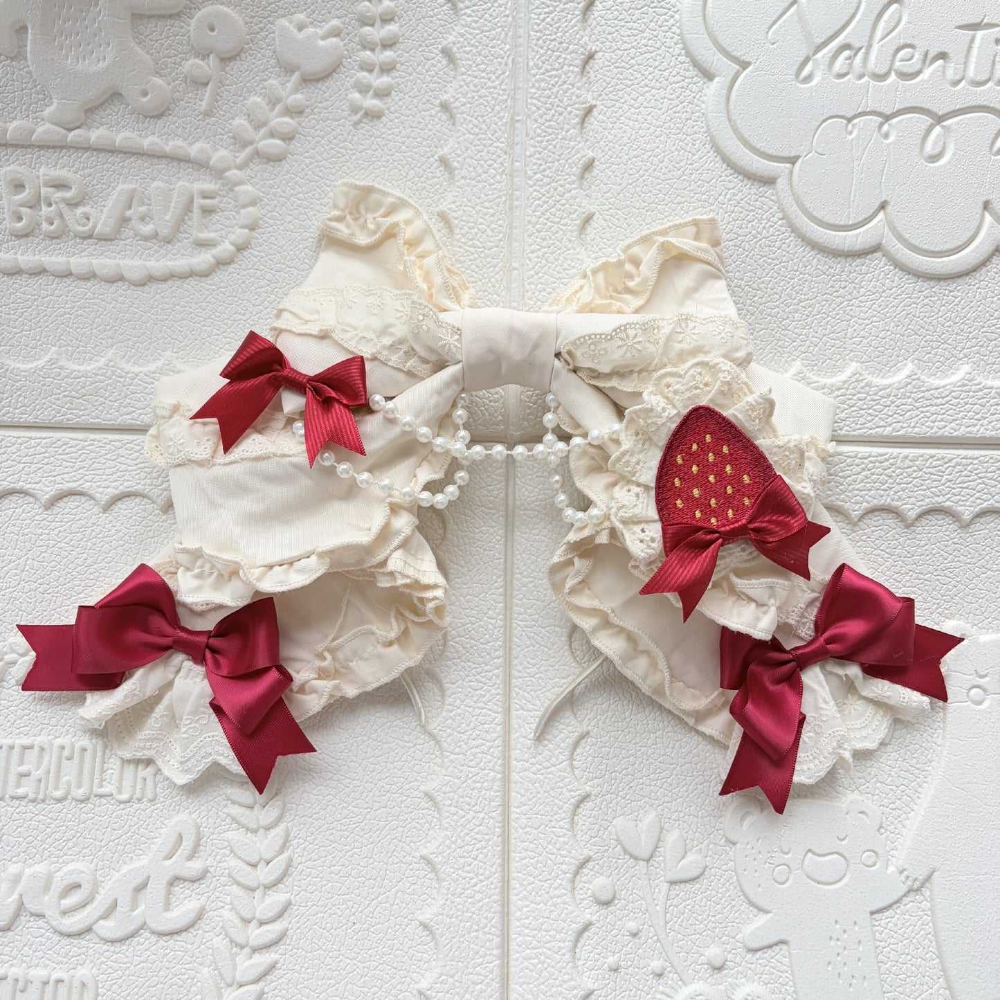 Lolita Cream Bow Headband with Detachable Strawberry Brooch