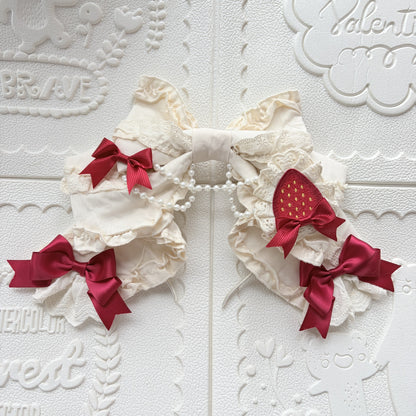 Lolita Cream Bow Headband with Detachable Strawberry Brooch