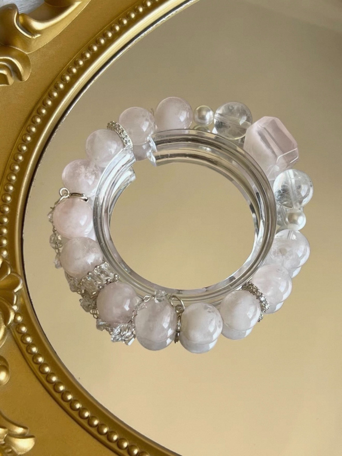 Braccialetto con perline in quarzo rosa a fiocco