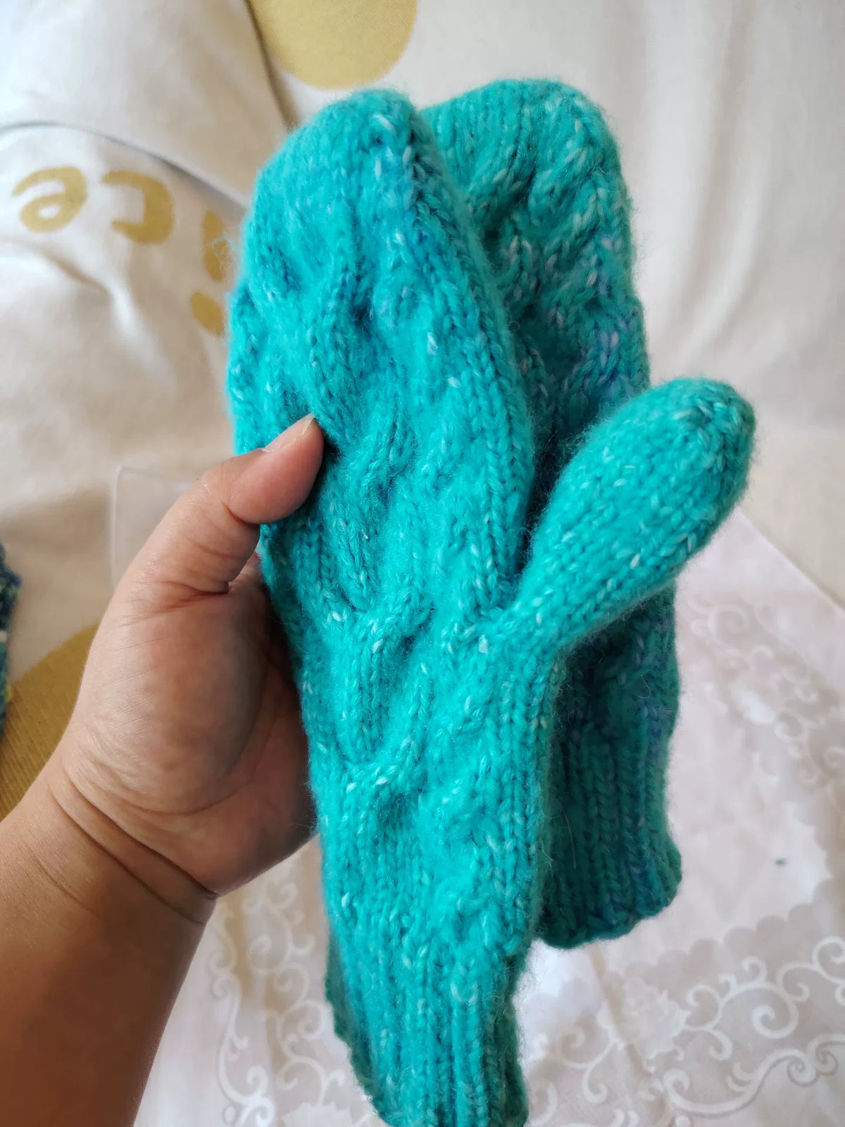 Hand Knitted Cable Wool Mittens Turquoise