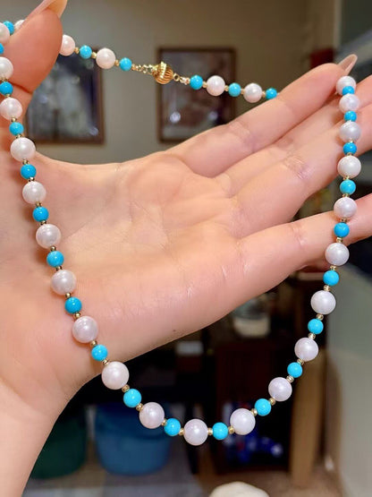 Akoya Pearl and Turquoise Necklace, 6.5-7mm Pearls, 18K Gold Clasp