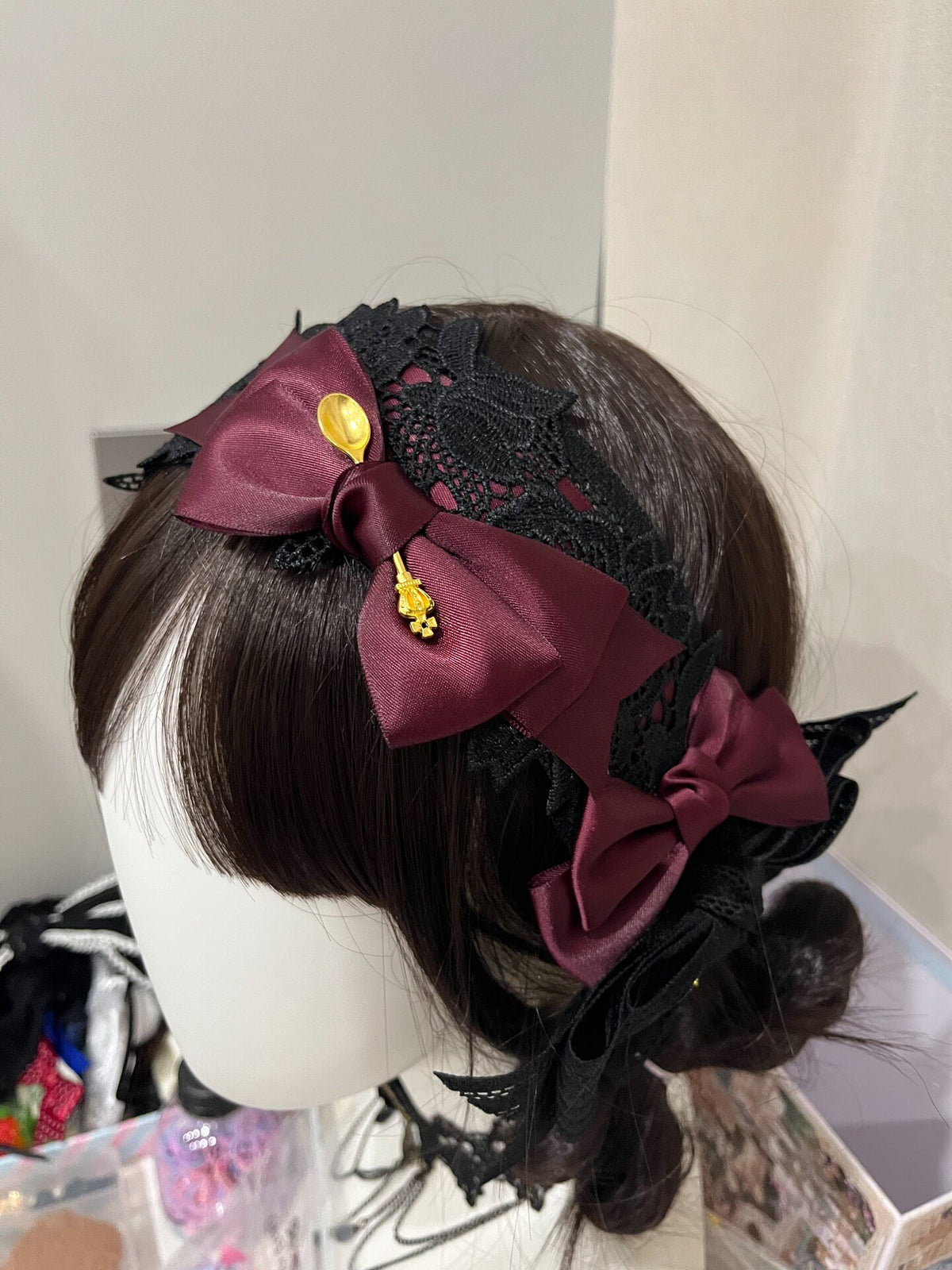 Dark Purple Lace Headband with Satin Bows