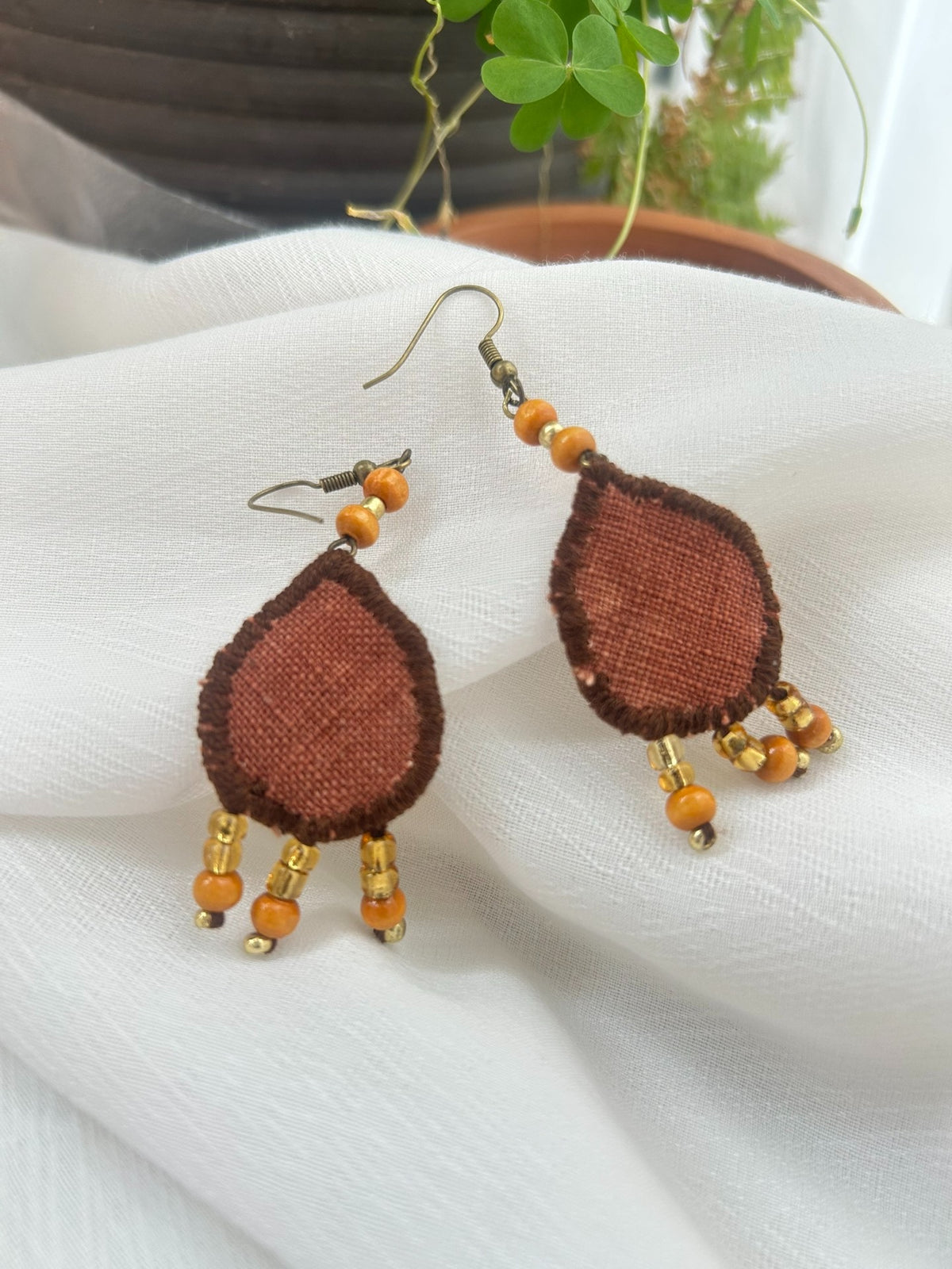 Handmade Fabric Teardrop Earrings with Beaded Tassels