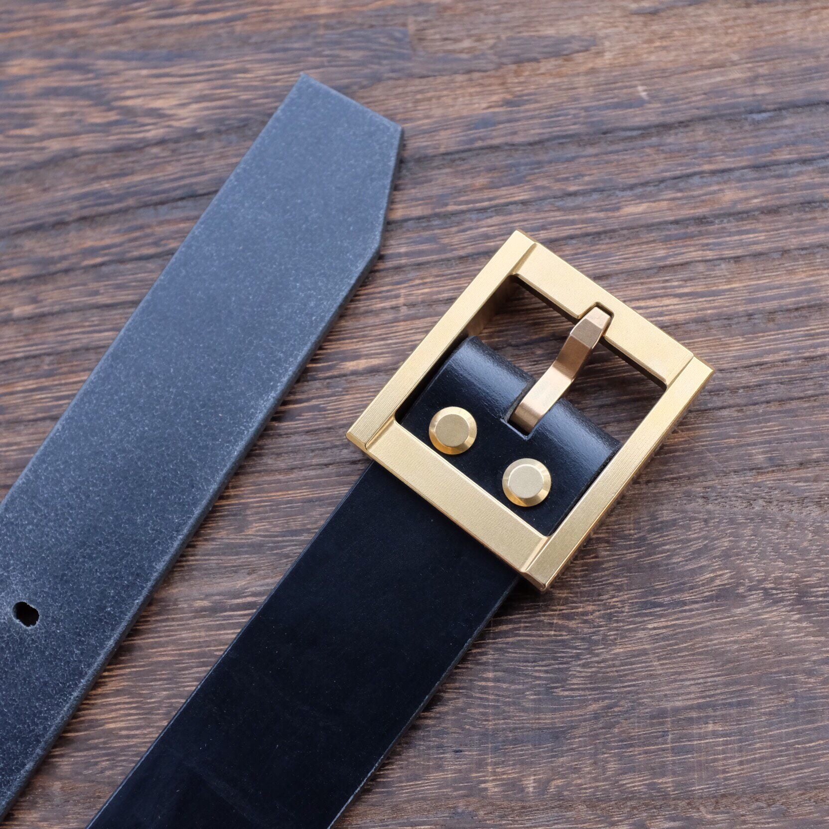 Black Leather Belt with Brass Buckle and Engraved Logo